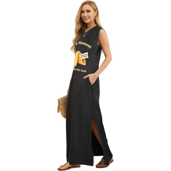 Grecerelle Women Fortune Round Neck Loose Split Wrinkle-Free Long Maxi Dress - Picture 2 of 6